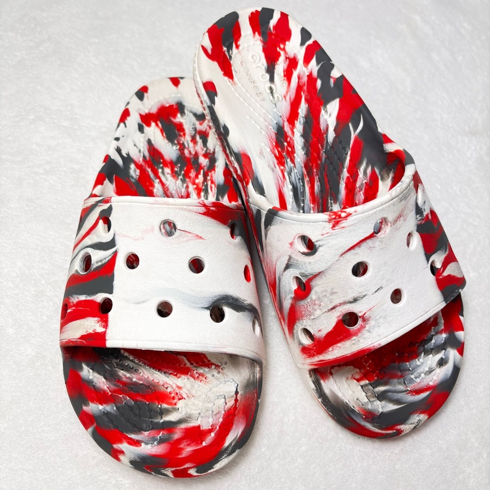 CROCS CLASSIC MARBLED SLIDES Flame Red White Black Unisex Slides‎ Sandals M4 W6